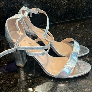Silver cross strap heeled sandals. Size 8, but fits like a 9.